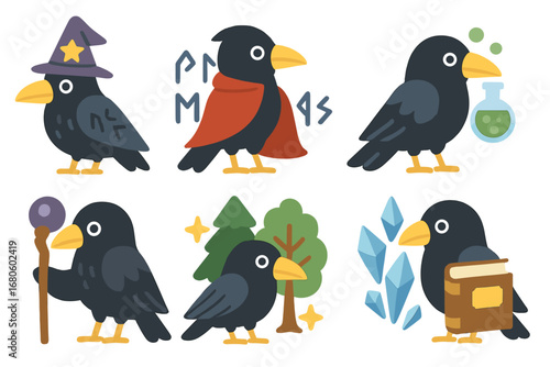 Magical Ravens Icons. Flat vector mini-illustrations raven in folklore in colors children's illustrations: raven with wizard hat,