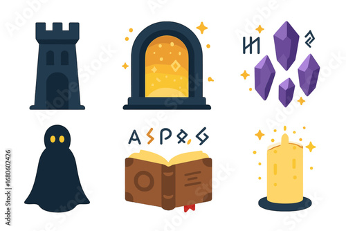 Magical Tower Icons. Flat vector mini-illustrations dark tower teleport in colors children's illustrations: mysterious dark tower,