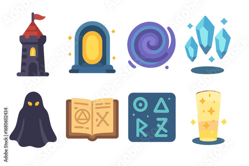 Magical Tower Icons. Flat vector mini-illustrations dark tower teleport in colors children's illustrations: mysterious dark tower,