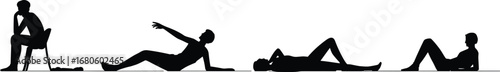 Silhouette vector of four people in relaxed poses including sitting on chair and lying down, symbolizing rest, leisure, and calm