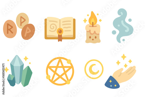Magical Symbols Grid. Flat vector mini-illustrations chant symbols in colors children's illustrations: rune stones, magical glyphs
