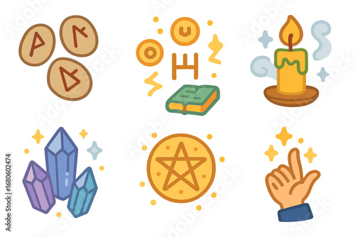 Magical Symbols Grid. Flat vector mini-illustrations chant symbols in colors children's illustrations: rune stones, magical glyphs