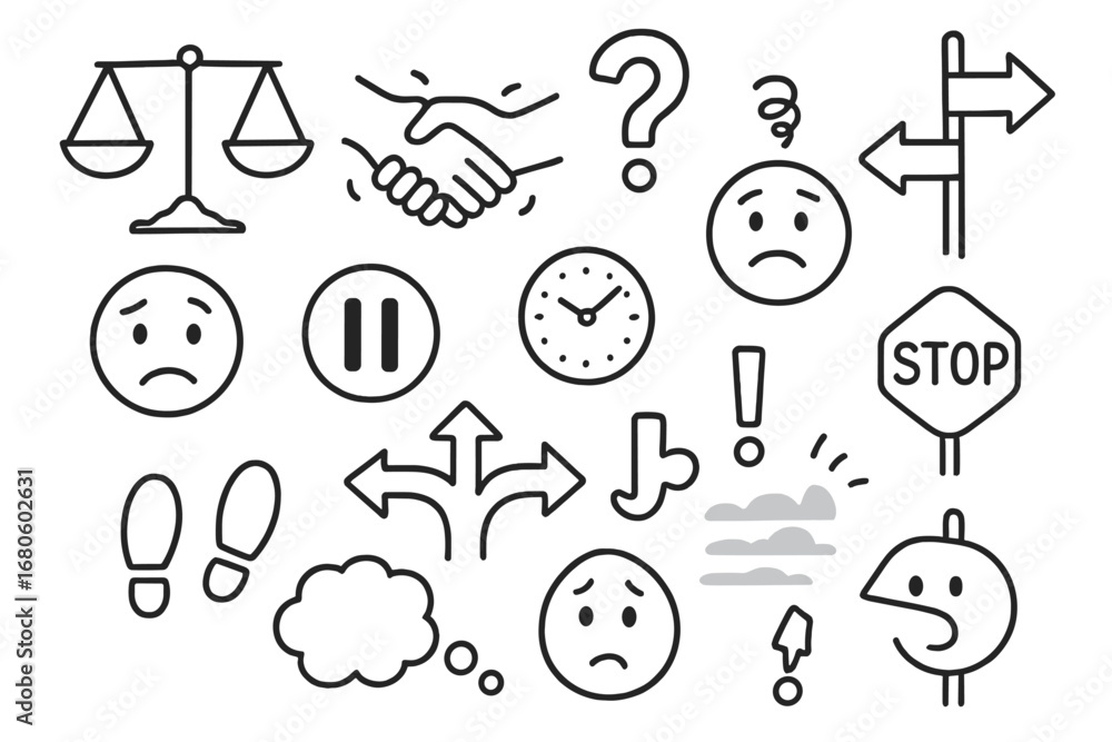 Fototapeta premium Mental Dilemma Icons. Hand-drawn doodle illustration wavering thoughts scales, shaking hand, question mark, forked path, hesitant