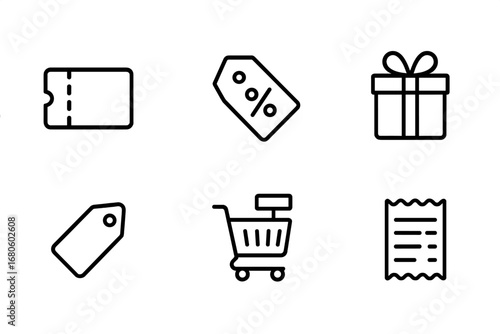 Marketing Icon Set. Outline icon set of marketing actions: coupon, discount tag, shopping cart, gift box, price tag, sale banner,