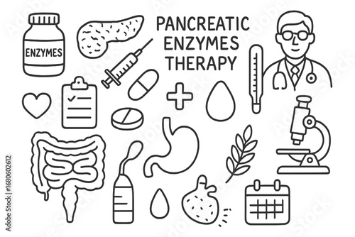 Medical Elements Doodle. Hand-drawn doodle illustration pancreatic enzymes therapy enzyme bottle, pancreas, syringe, pill,