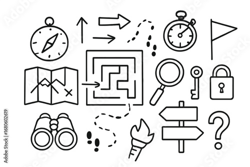 Maze Navigation Icons. Hand-drawn doodle illustration maze navigation compass, map, arrows, path, walls, footprints, magnifying