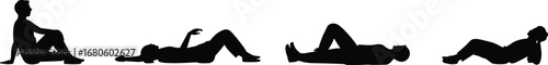 Silhouette vector of four people relaxing in different sitting and lying positions, symbolizing rest, leisure, calm, and relaxation concepts