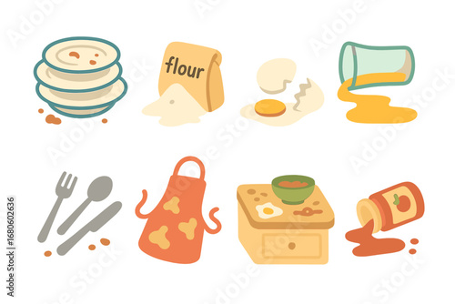 Messy Kitchen Icons. Flat vector mini-illustrations messy kitchen in colors children's illustrations: dirty plates, spilled flour,