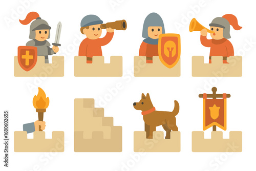 Medieval Knight Icons. Flat vector mini-illustrations medieval battlements in colors children's illustrations: knight on guard,