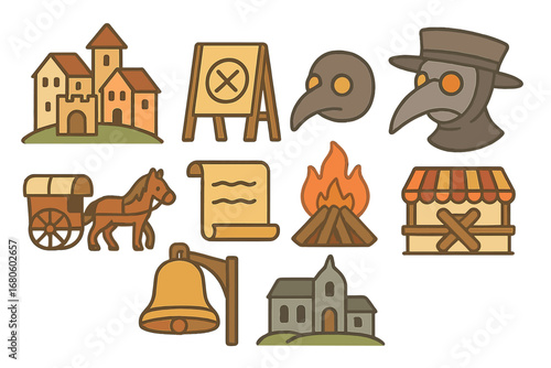 Medieval Plague Icons. Flat vector mini-illustrations plague historical scenes in colors children's illustrations: medieval town,