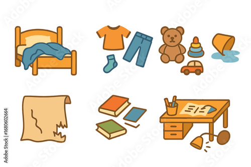 Messy Bedroom Icons. Flat vector mini-illustrations messy bedroom in colors children's illustrations: messy bed, scattered clothes