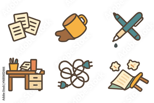 Messy Office Icons. Flat vector mini-illustrations messy office in colors children's illustrations: scattered papers, spilled