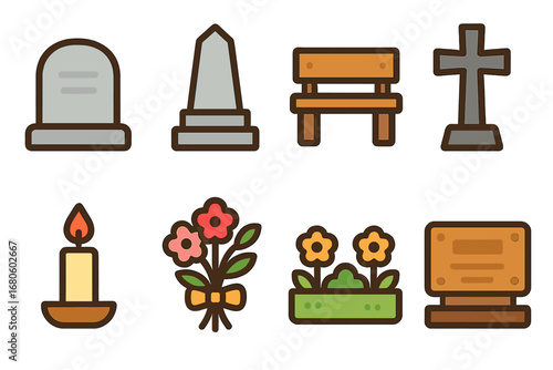 Memorial Icons Grid. Flat vector mini-illustrations memorial monuments in colors children's illustrations: gravestone, cenotaph,