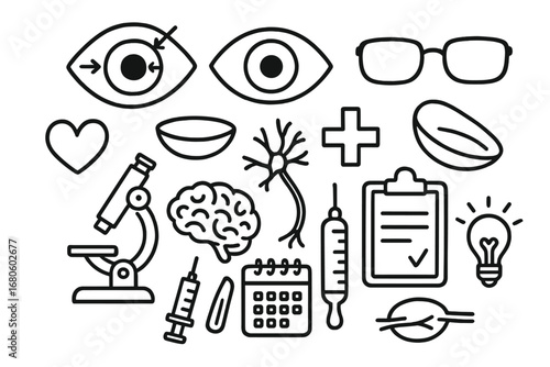 Medical Icon Doodle. Hand-drawn doodle illustration pupil constriction pupil, iris, eye, glasses, contact lens, microscope,