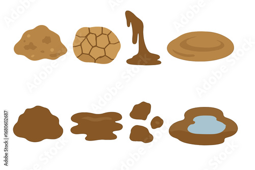 Mini Mud Icons Grid. Flat vector mini-illustrations mud textures in colors children's illustrations: wet mud, dry cracked mud,