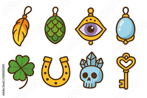 Mystical Amulets Grid. Flat vector mini-illustrations mystical amulets in colors children's illustrations: phoenix feather charm,