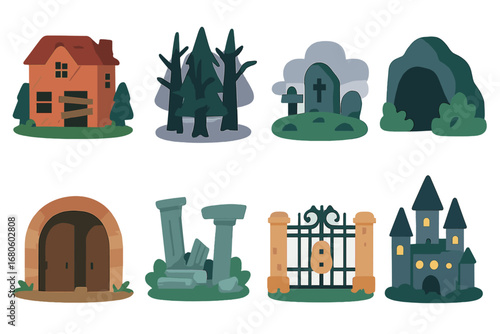 Mysterious Places Icons. Flat vector mini-illustrations mysterious places in colors children's illustrations: abandoned house,