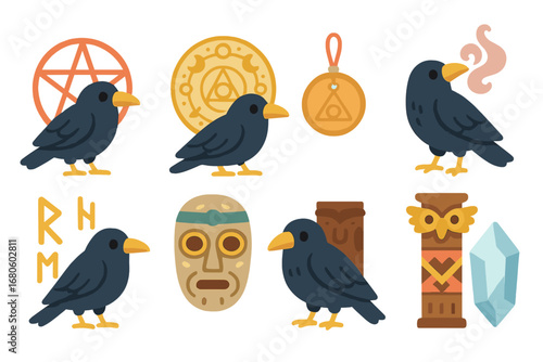 Mystical Raven Icons. Flat vector mini-illustrations raven and folklore symbols in colors children's illustrations: raven with