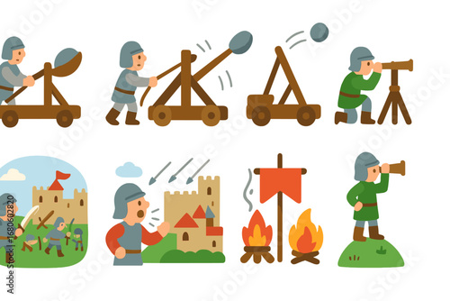 Medieval Catapult Icons. Flat vector mini-illustrations catapult operation in colors children's illustrations: soldier loading