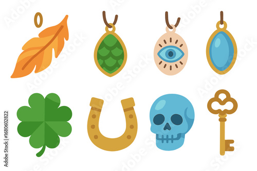 Mystical Amulets Grid. Flat vector mini-illustrations mystical amulets in colors children's illustrations: phoenix feather charm,