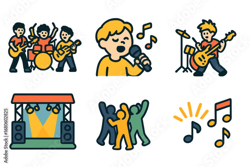 Musical Concert Icons. Flat vector mini-illustrations loud musical performances in colors children's illustrations: rock band,