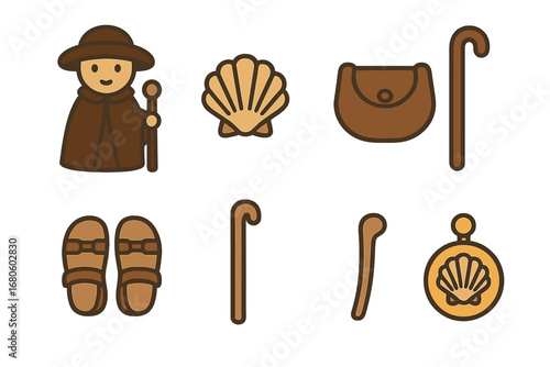 Medieval Pilgrim Icons. Flat vector mini-illustrations medieval pilgrim in colors children's illustrations: cloak, scallop shell,