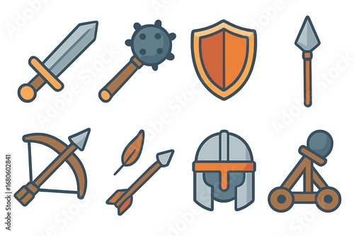 Medieval Weapons for Kids. Flat vector mini-illustrations medieval castle weapons in colors children's illustrations: sword, mace,