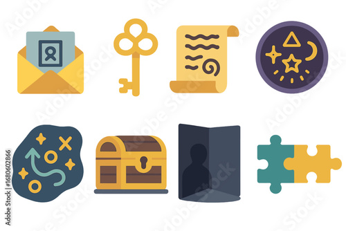 Mystical Labyrinth Treasures. Flat vector mini-illustrations labyrinth secrets in colors children's illustrations: hidden messages