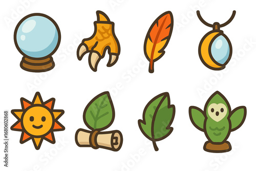 Mystical Talismans Grid. Flat vector mini-illustrations mystical talismans in colors children's illustrations: crystal orb