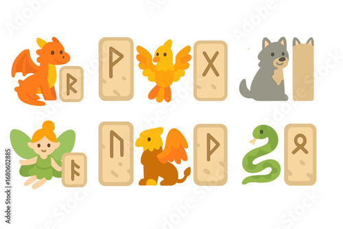 Mystical Rune Creatures. Flat vector mini-illustrations runes and mystical creatures in colors children's illustrations: runes