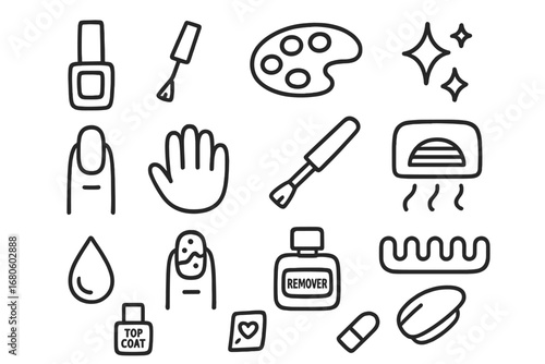 Nail Art Icons. Hand-drawn doodle illustration nail polish and design nail polish bottle, nail brush, color palette, glitter icon,