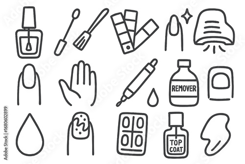 Nail Art Icons. Hand-drawn doodle illustration nail polish and design nail polish bottle, nail brush, color palette, glitter icon,