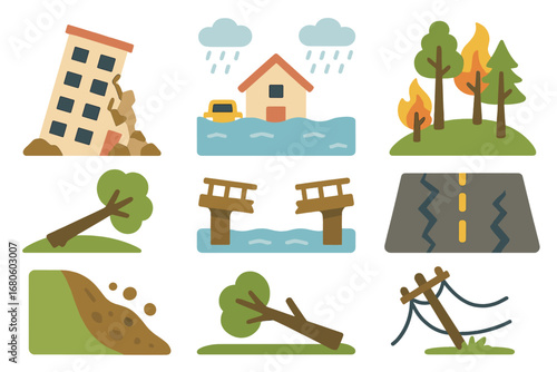 Natural Disasters Icons. Flat vector mini-illustrations natural disaster effects in colors children's illustrations: collapsed