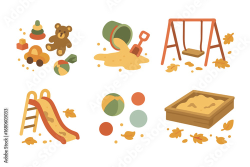 Messy Playground Chaos. Flat vector mini-illustrations messy playground in colors children's illustrations: scattered toys,