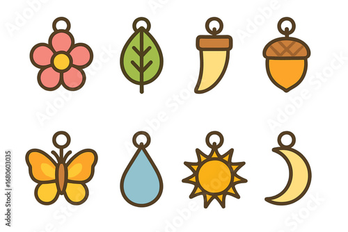 Nature Amulets Collection. Flat vector mini-illustrations nature amulets in colors children's illustrations: flower pendant, leaf