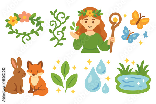 Nature Enchantress Icons. Flat vector mini-illustrations nature enchantress in colors children's illustrations: flower crown,