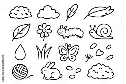 Nature's Soft Elements. Hand-drawn doodle illustration natural softness moss, cloud, feather, leaf, flower, caterpillar, snail,