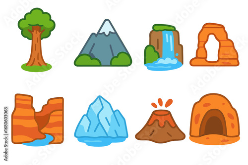 Nature Icons for Kids. Flat vector mini-illustrations natural monuments in colors children's illustrations: giant redwood tree,