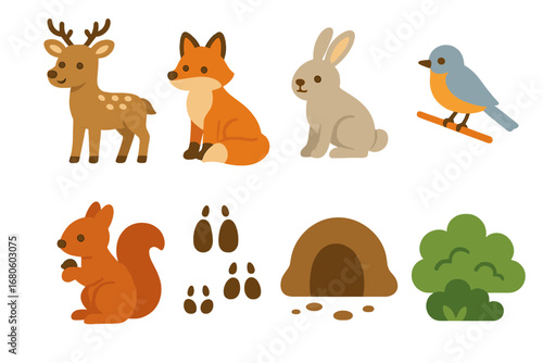 Nature Icons for Kids. Flat vector mini-illustrations wildlife trail in colors children's illustrations: deer, fox, rabbit, bird,