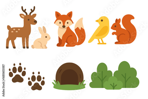 Nature Icons for Kids. Flat vector mini-illustrations wildlife trail in colors children's illustrations: deer, fox, rabbit, bird,