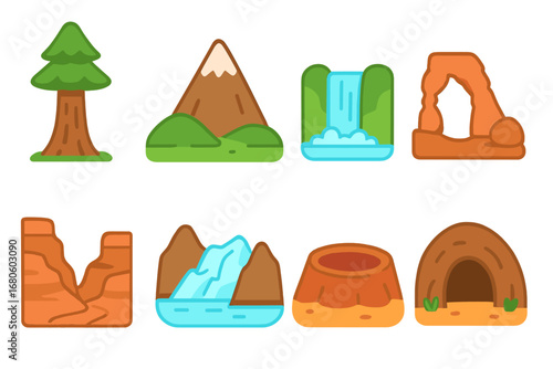 Nature Icons for Kids. Flat vector mini-illustrations natural monuments in colors children's illustrations: giant redwood tree,
