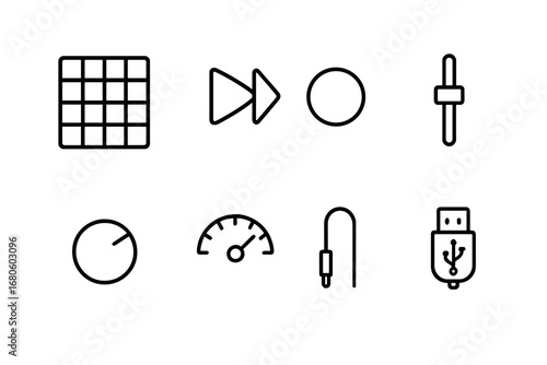 MIDI Pad Icon Set. Outline icon set of MIDI pad functions: pad grid, play/pause, record, volume control, modulation knob, tempo