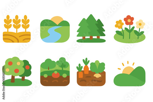 Nature Icons Grid. Flat vector mini-illustrations peasant nature in colors children's illustrations: wheat field, river, forest,