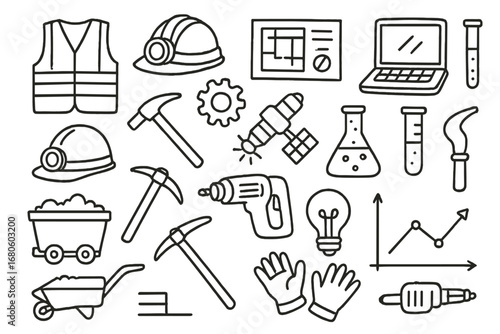 Mining and Farming Icons. Hand-drawn doodle illustration Mining safety and research safety vest, hard hat, mining helmet,