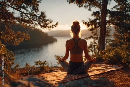 Health and fitness. A young woman doing yoga by a secluded lake in the morning. Yoga in nature.
