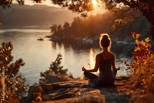 Health and fitness. A young woman doing yoga by a secluded lake in the morning. Yoga in nature.