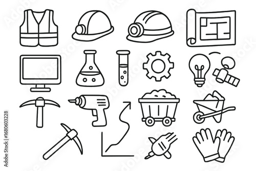 Mining and Farming Icons. Hand-drawn doodle illustration Mining safety and research safety vest, hard hat, mining helmet,
