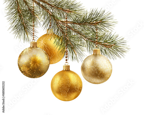 Christmas golden decorative balls and pine branches
