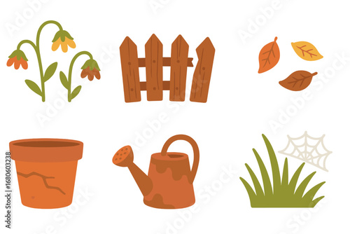 Neglected Garden Icons. Flat vector mini-illustrations neglected gardens in colors children's illustrations: wilted flowers,