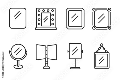 Mirror Icon Set. Outline icon set of mirror features: reflective surface, light bulbs, frame detail, swivel mechanism, folding